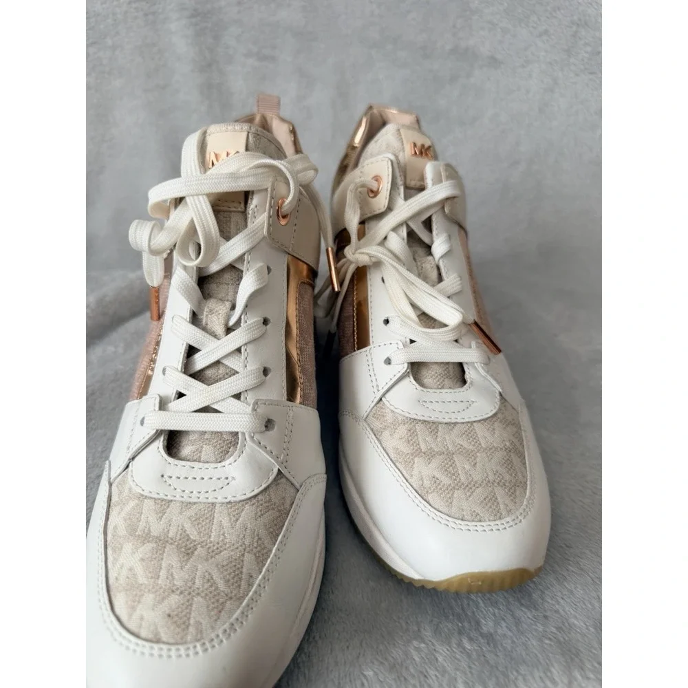 Michael Kors Rose Gold Georgie Trainer Sneakers Heels SZ 9 Leather Canvas Pink